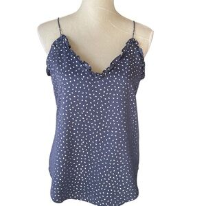 Express Ruffle Trim Cami Top Women’s Size S Blue Silver Print Lined Lightweight